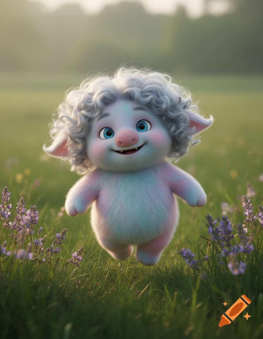 A cute, fluffy, pastel-colored monster with curly gray hair and blue eyes smiles in a grassy field with lavender flowers.