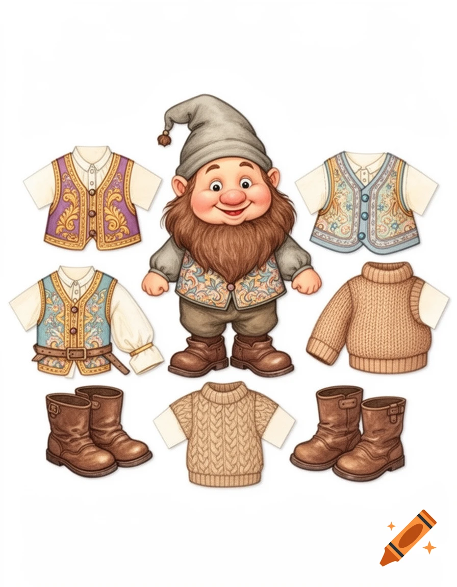Illustration of a smiling gnome paper doll with a gray hat and brown beard, surrounded by various fantasy-style vests, shirts, sweaters, and boots, all on a white background.