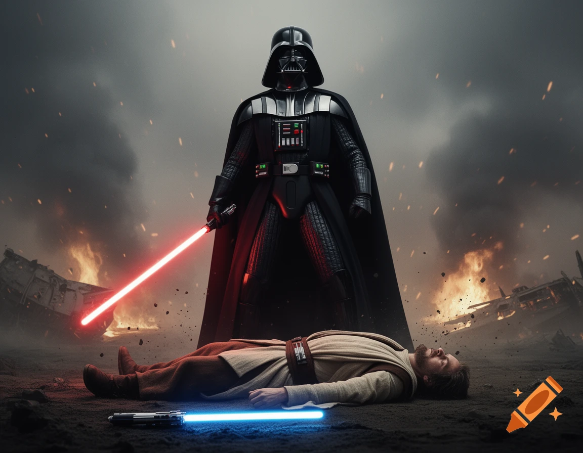 Darth Vader stands over a defeated Obi-Wan Kenobi on a battlefield with burning wreckage under a stormy sky, holding a red lightsaber.