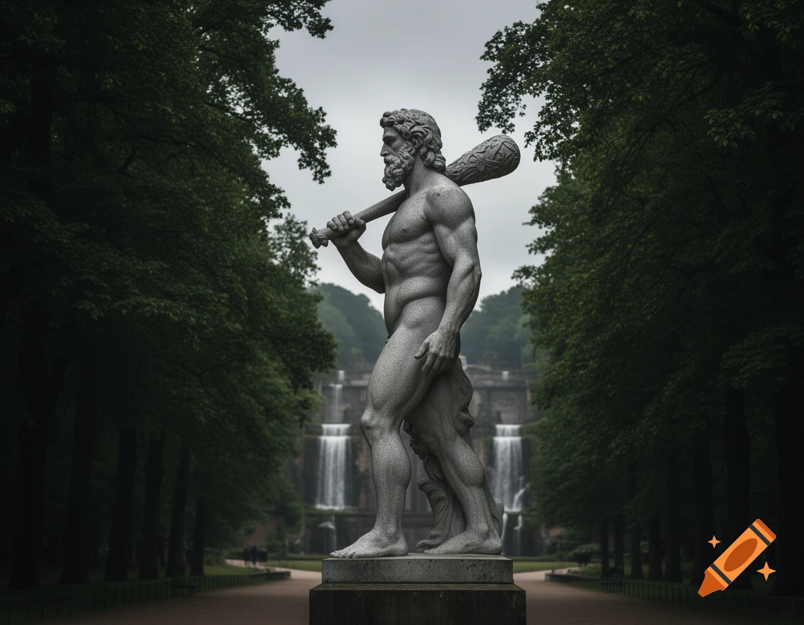 Photorealistic stone statue of a muscular man (Hercules) holding a club, standing in a lush park with waterfalls in the background.