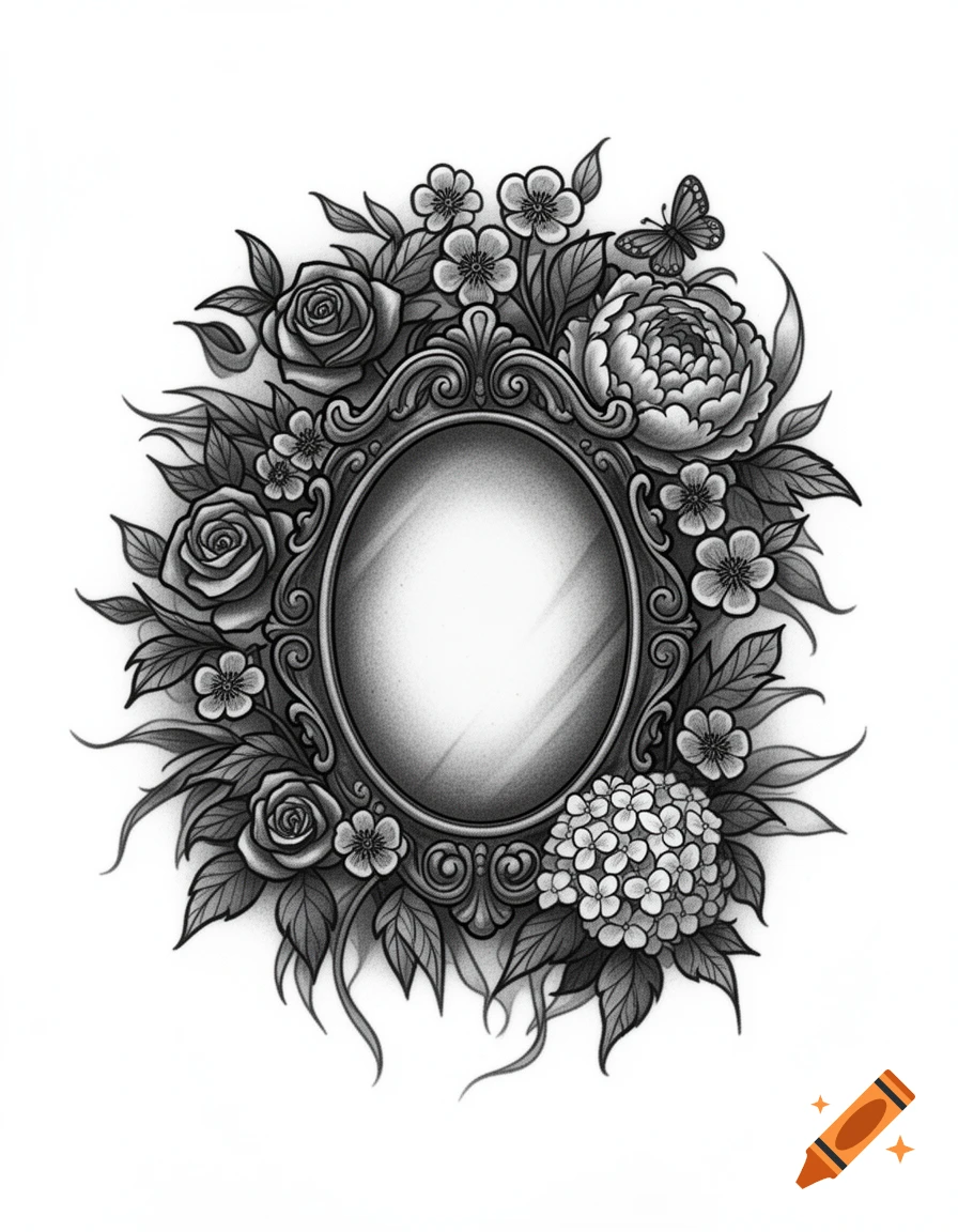 Black and white illustration of an ornate oval frame surrounded by roses, peonies, hydrangeas, leaves, and a butterfly.