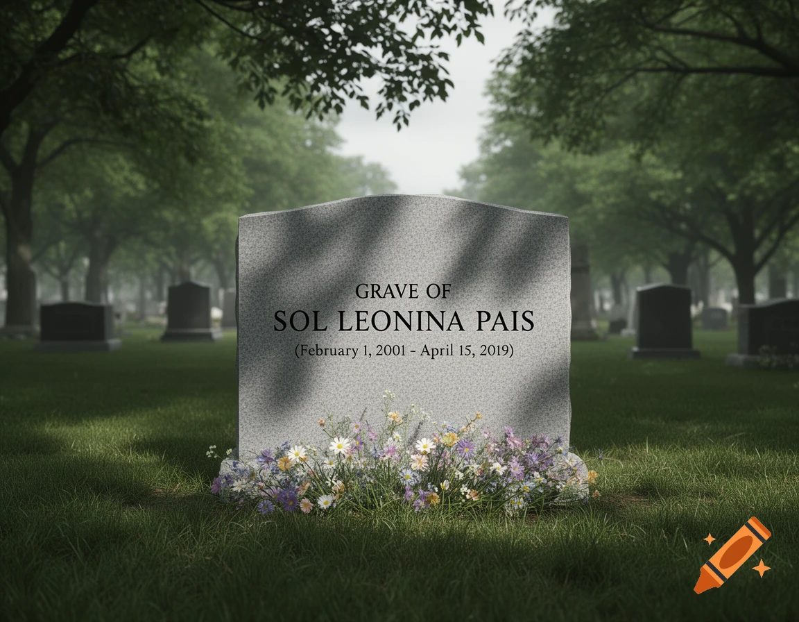 A photorealistic image of a granite tombstone with flowers in a green cemetery, under dappled light.