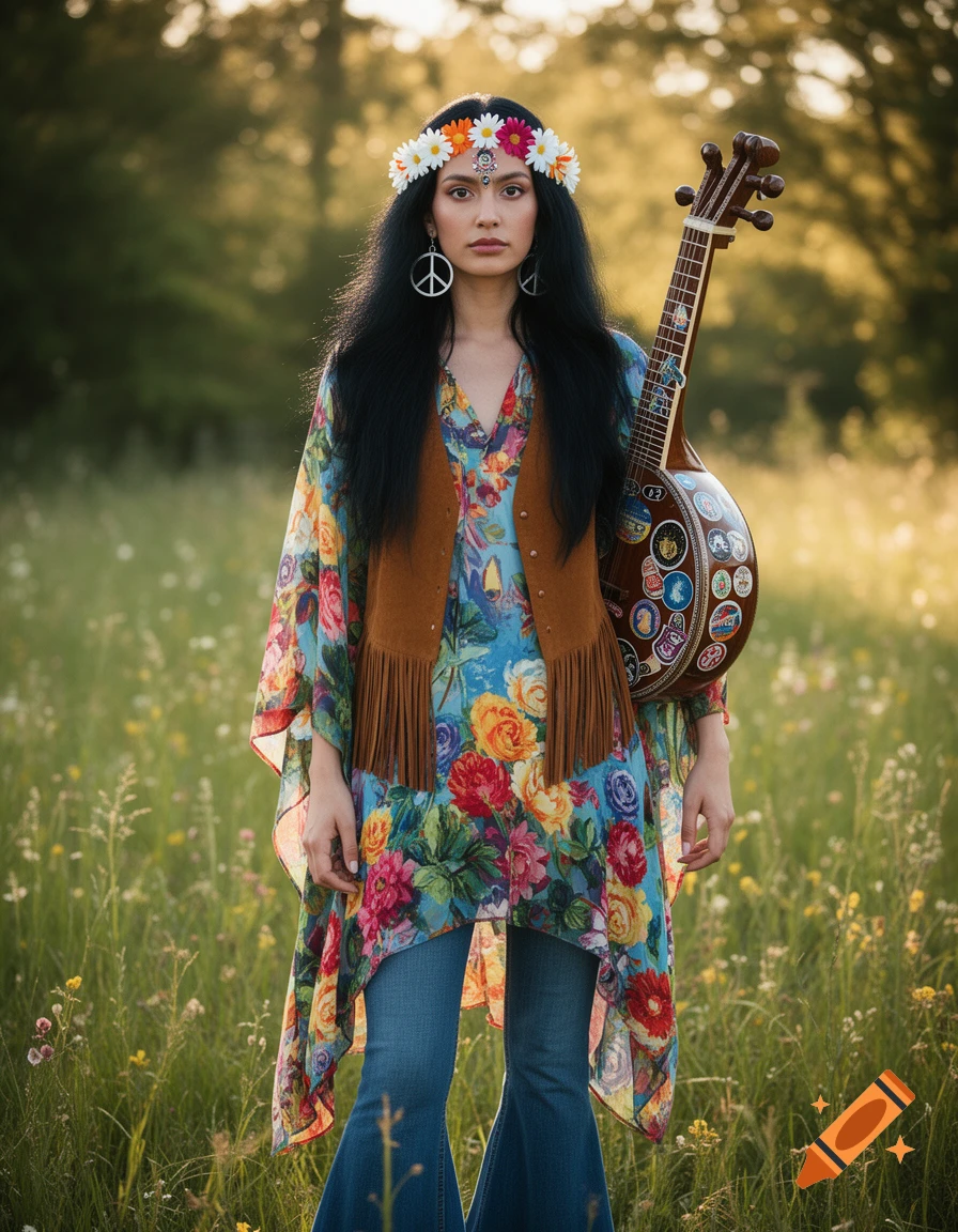 A person with long black hair and a daisy chain crown, wearing a floral poncho, fringed vest, and bell-bottoms, holds a stickered sitar in a sunny field.