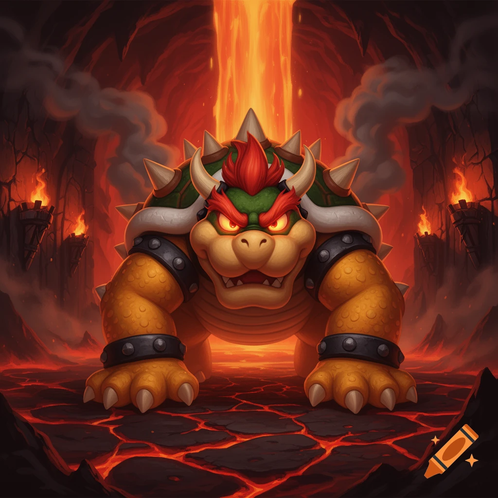 Bowser, a large turtle-like creature with a spiky shell and fiery red hair, stands in a lava-filled cavern with a volcanic eruption in the background.
