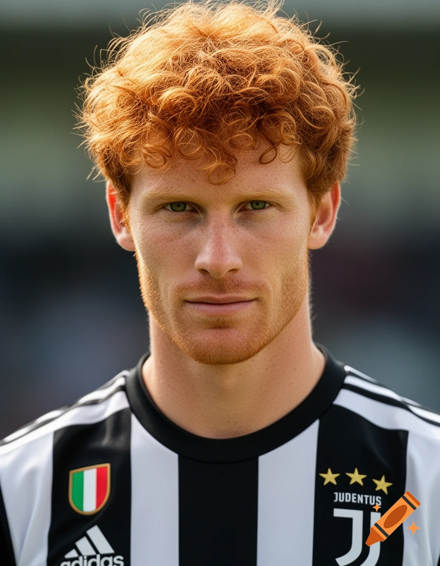 A man with curly red hair and green eyes wearing a black and white striped Juventus soccer jersey.