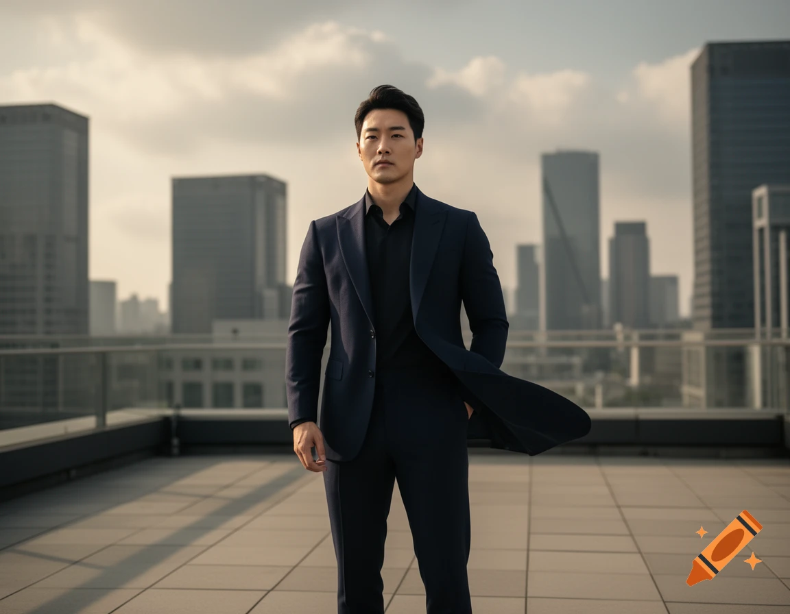 A handsome East Asian man in a dark suit stands confidently on a rooftop overlooking a city skyline.