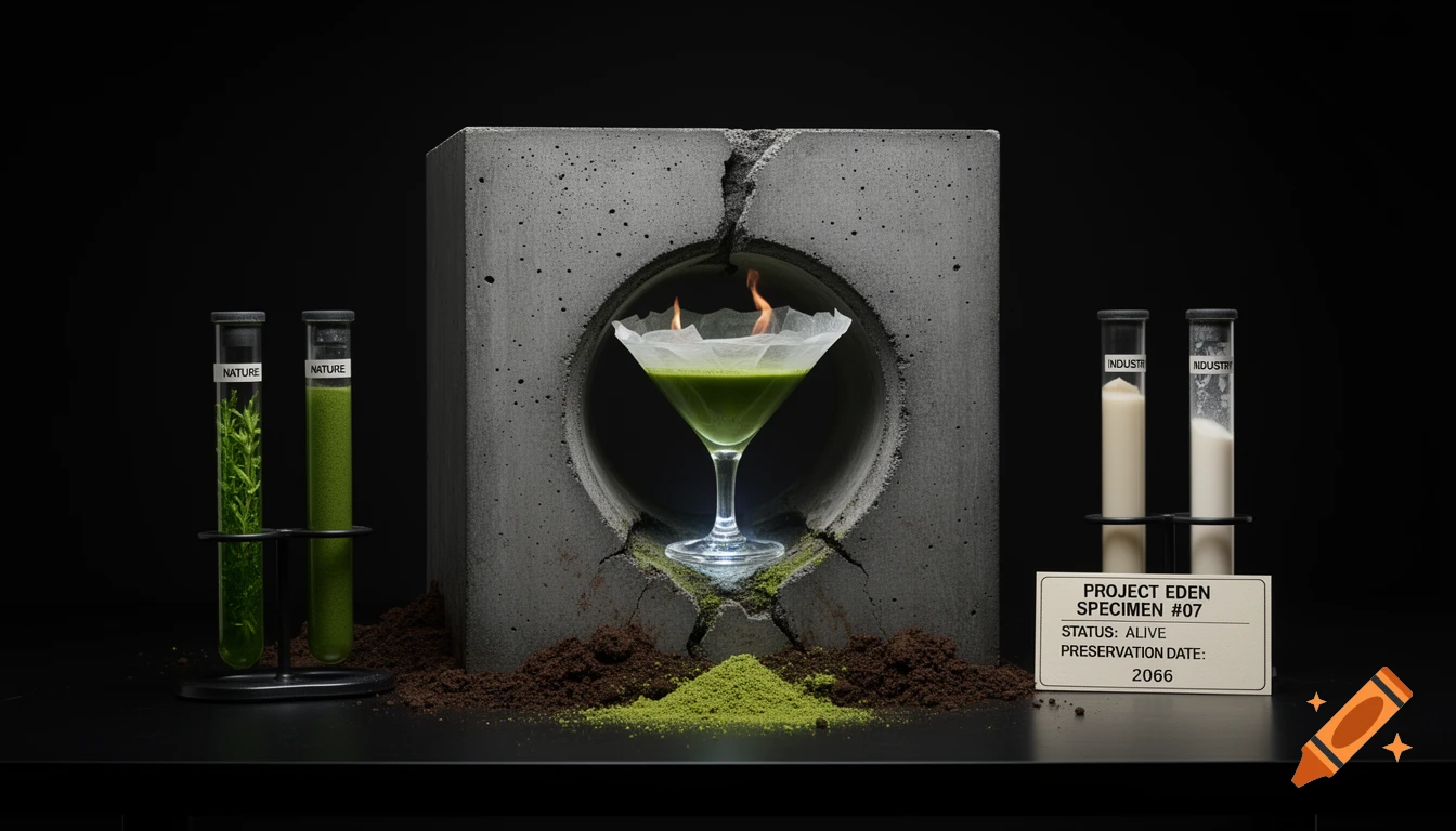 A green cocktail in a martini glass emerges from a cracked concrete cube, flanked by test tubes labeled 'NATURE' and 'INDUSTRY', and a sign for 'PROJECT EDEN SPECIMEN #07' on a black table.