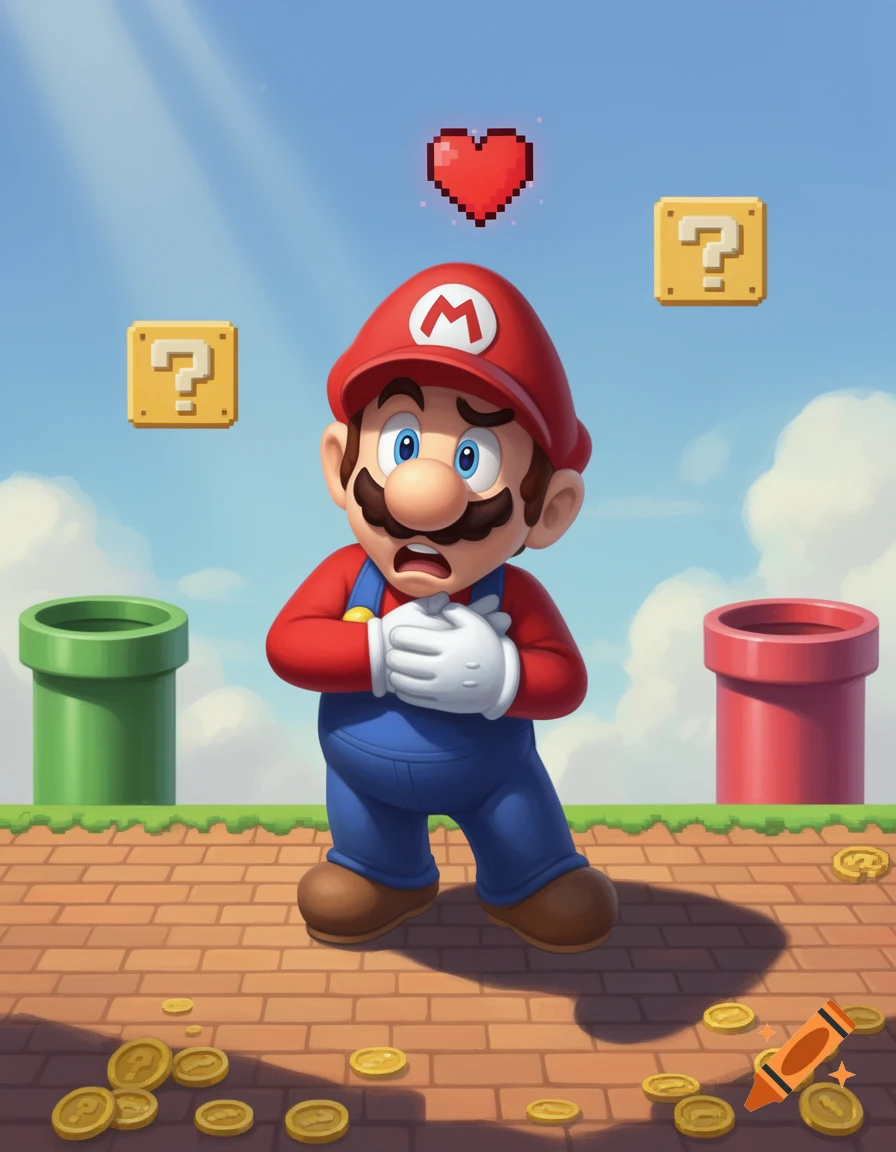 Cartoon Mario clutches his chest in distress amidst a classic Super Mario level with question blocks, pipes, and scattered coins.