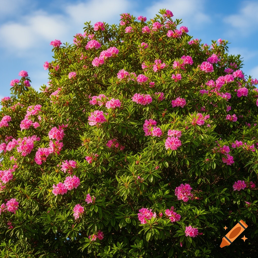 Closeup of a vibrant green tree densely covered in bright pink flowers against a blue sky.