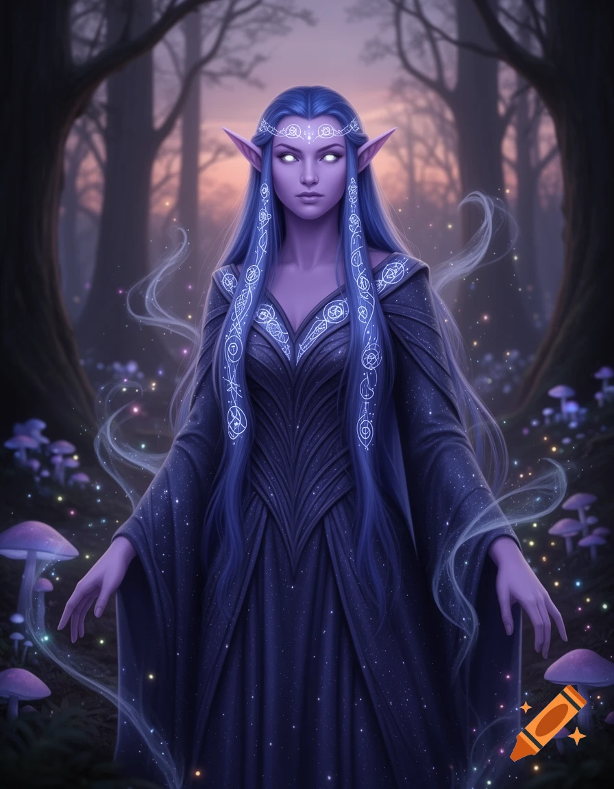 A mystical purple-skinned elf with indigo hair and glowing white eyes stands in a dark fantasy forest with glowing mushrooms and magic.