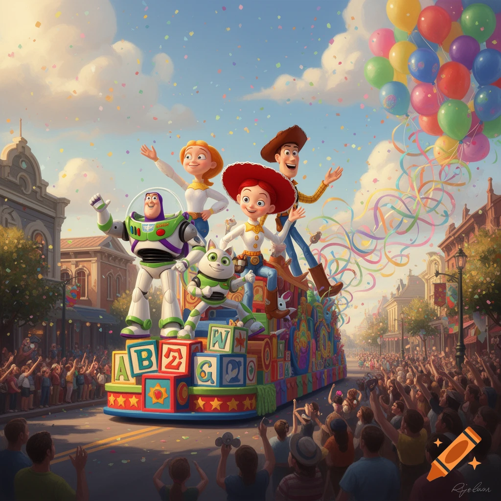 Buzz Lightyear, Woody, Jessie, and a cat in an astronaut suit ride a colorful parade float shaped like alphabet blocks, surrounded by a cheering crowd and confetti, with balloons floating in the sky.