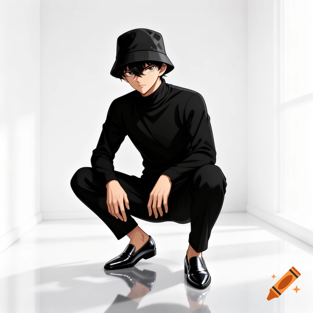 An anime boy with black hair, wearing a black turtleneck, black pants, a black bucket hat, and shiny black shoes, crouches in a white room.