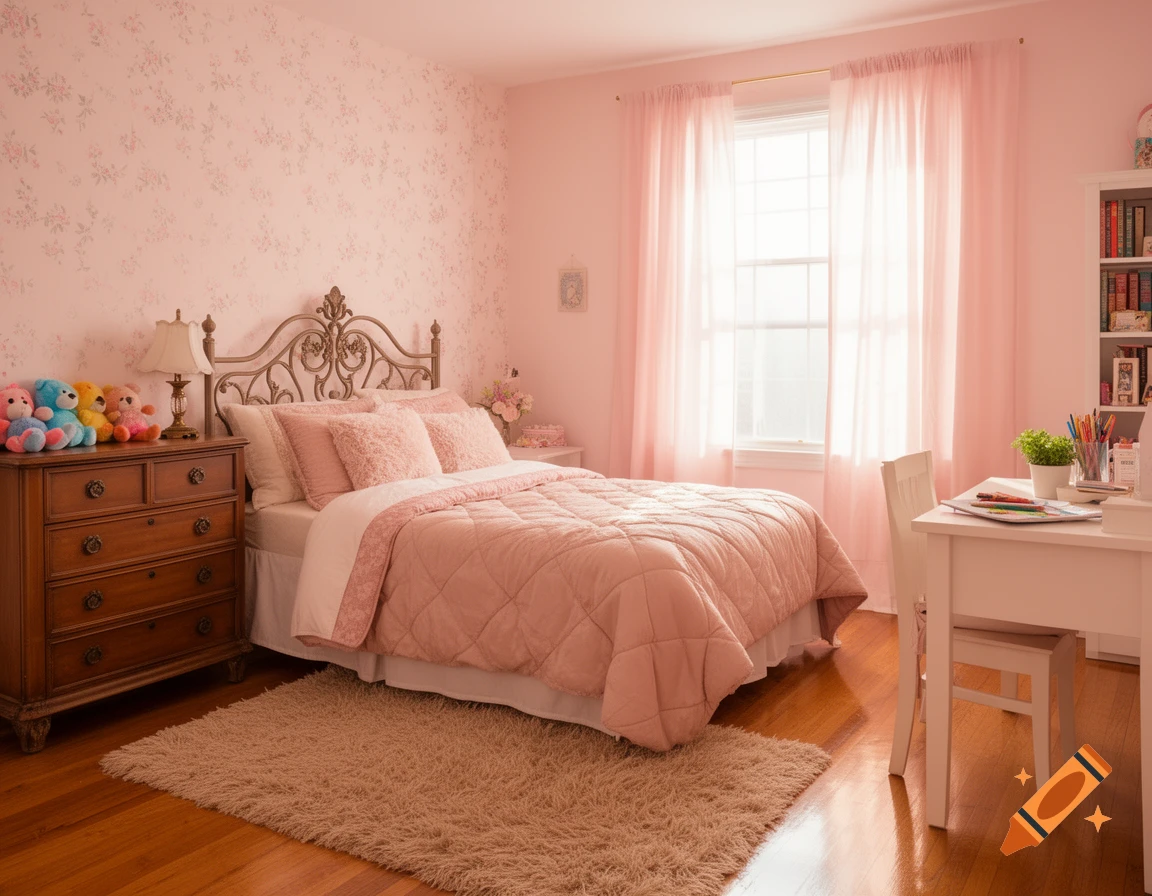 A bright, sunny pink bedroom with a bed, wooden dresser, white desk, bookshelf, and window with sheer pink curtains.