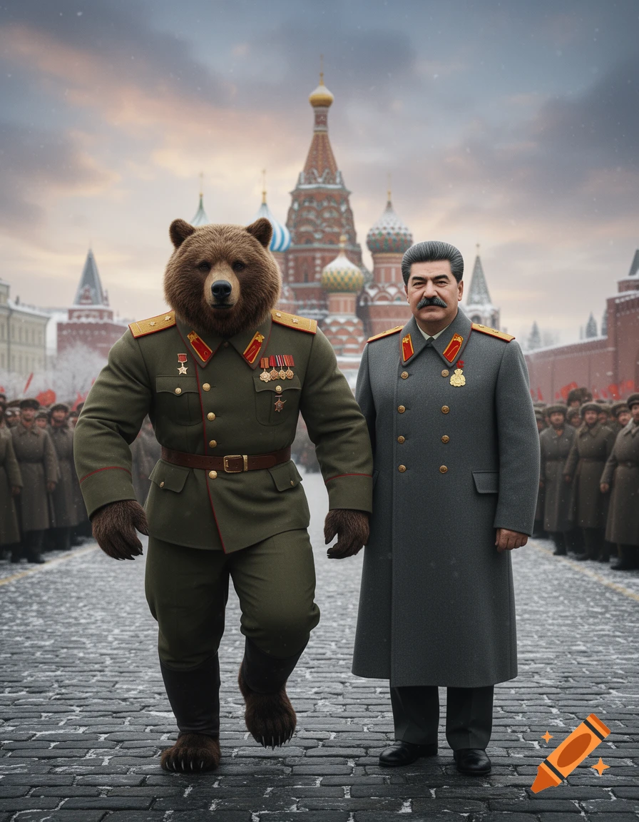 Photorealistic image of a bear-man in a Soviet military uniform walking beside Joseph Stalin on a cobblestone street with St. Basil's Cathedral in the background.