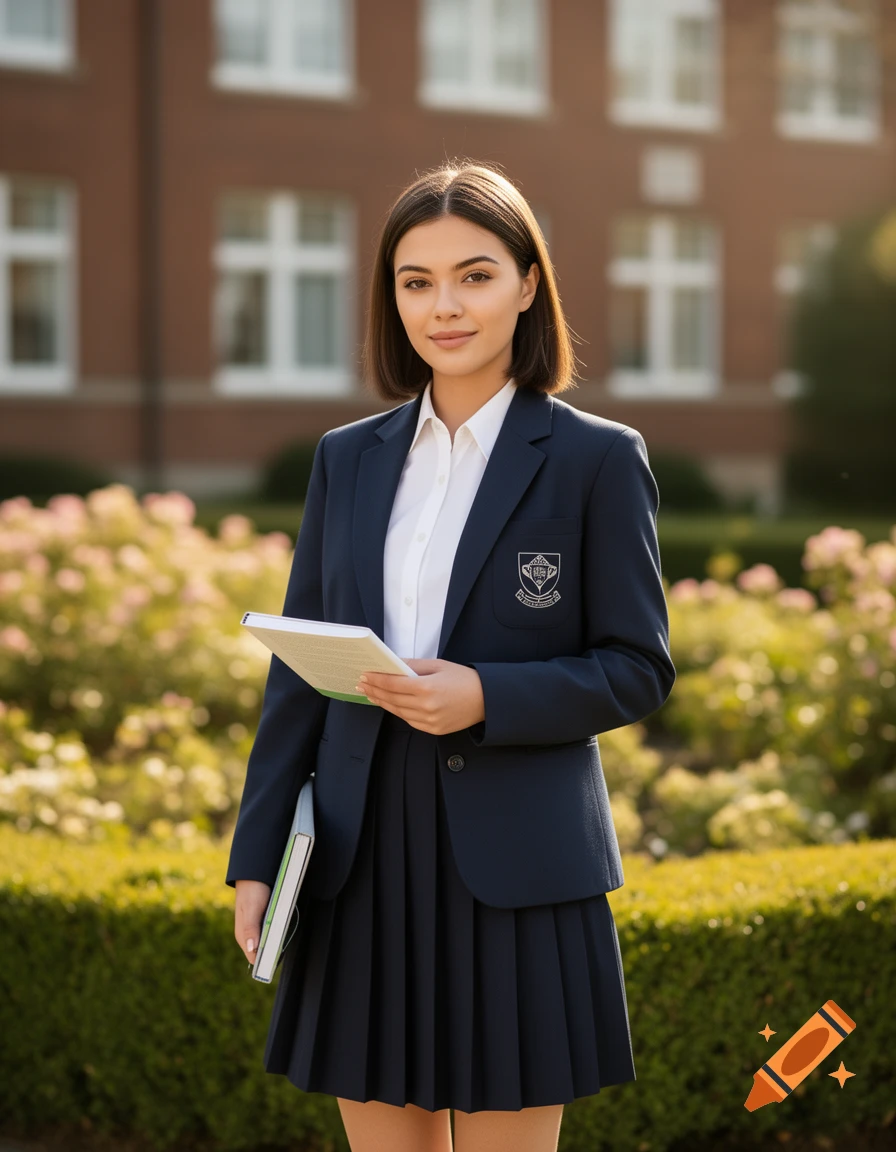 Photorealistic portrait of a female student in a navy school uniform holding books, standing outdoors.