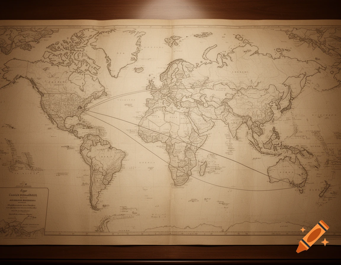 An old sepia-toned world map with three curved lines drawn across it in pencil, connecting various global points.