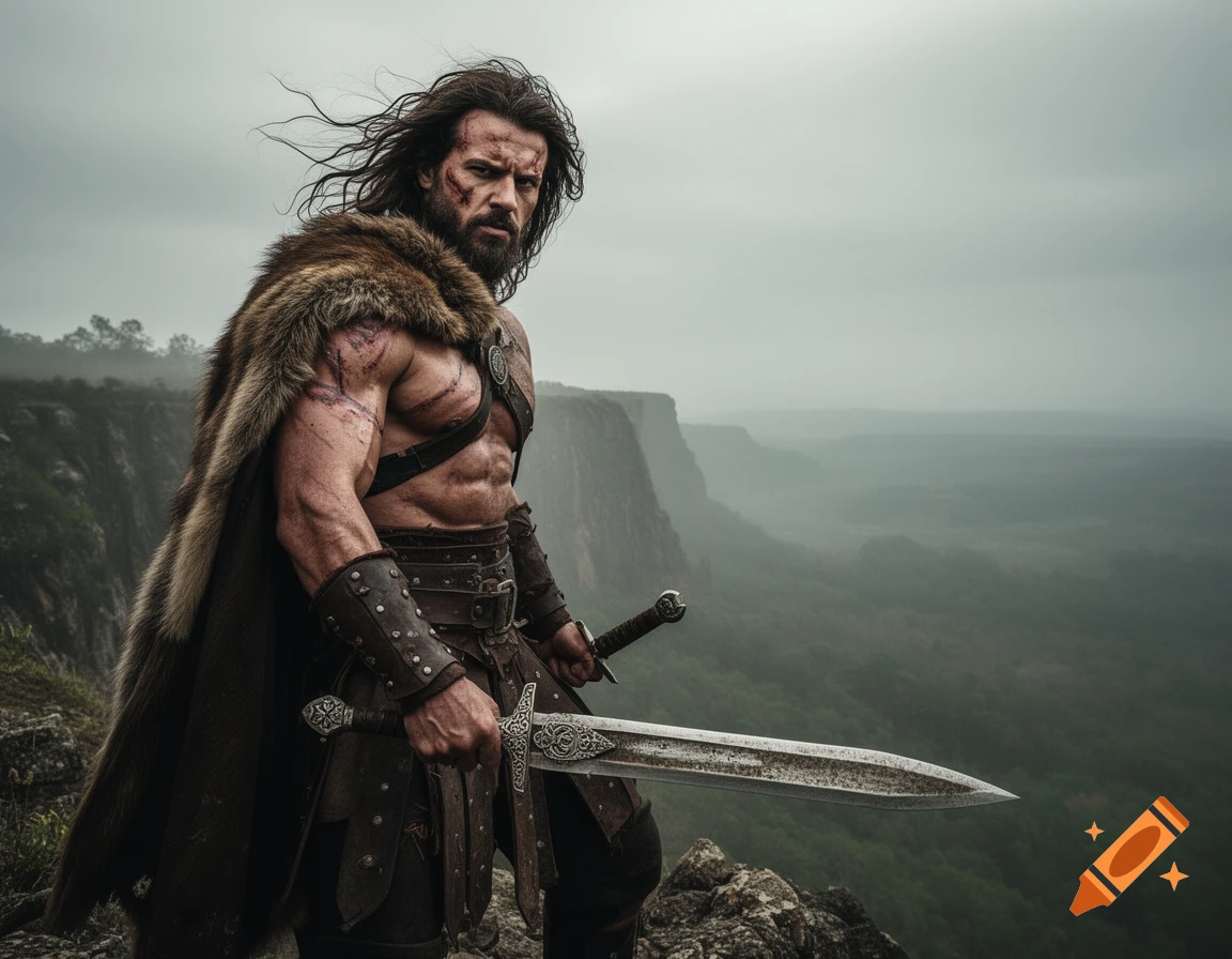 A rugged barbarian with long hair and a fur cape, holding a sword, stands on a cliff overlooking a misty valley.