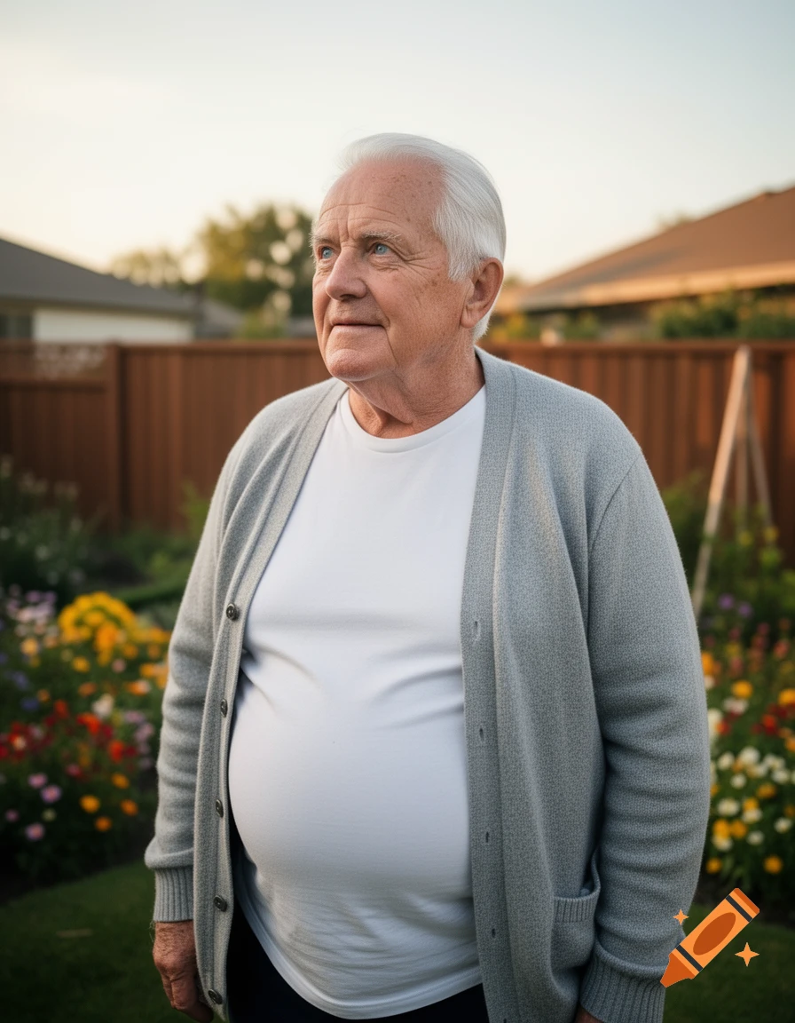 An elderly white man with gray hair and a light blue cardigan stands in a garden at sunset, looking away.