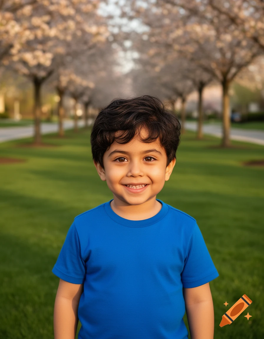 A smiling young boy with dark curly hair in a blue t-shirt stands in a park with green grass and blossoming trees in the background.