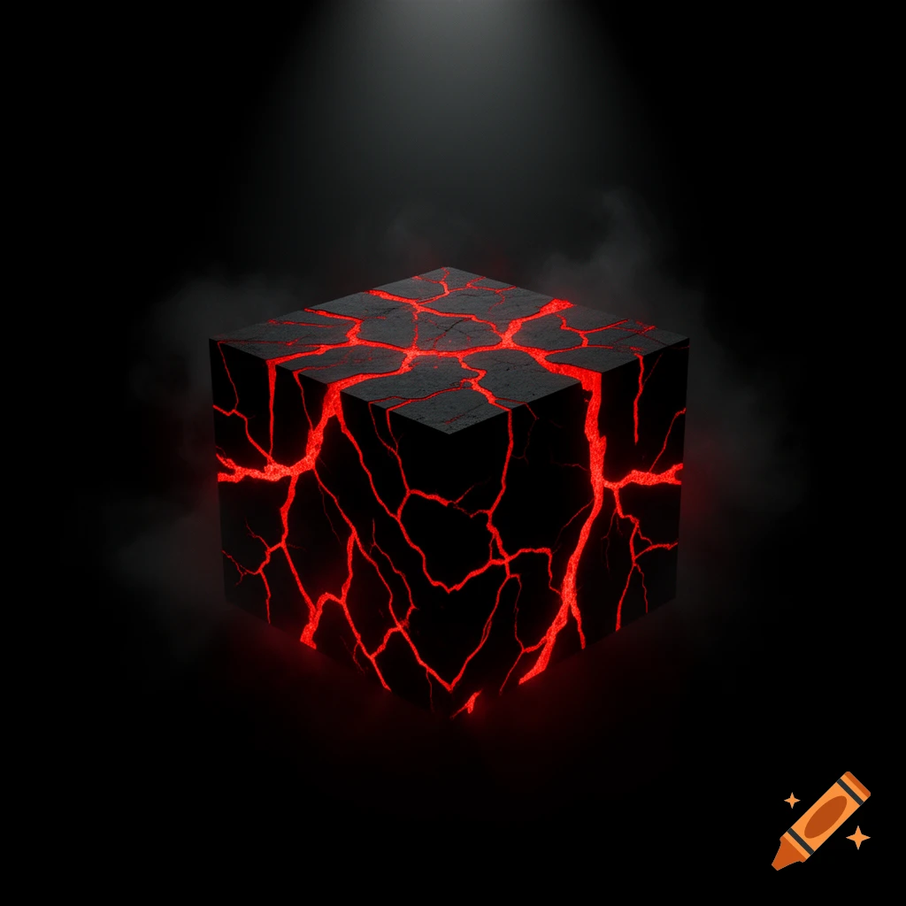 A dark cube with glowing red cracks resembling lava, set against a black background with subtle smoke and a spotlight from above.