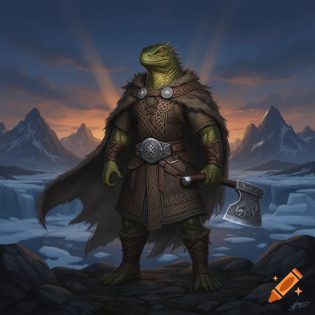 Lizardfolk warrior in Viking-inspired armor, holding an axe, stands on a rocky outcrop against a snowy mountain and sunset sky.