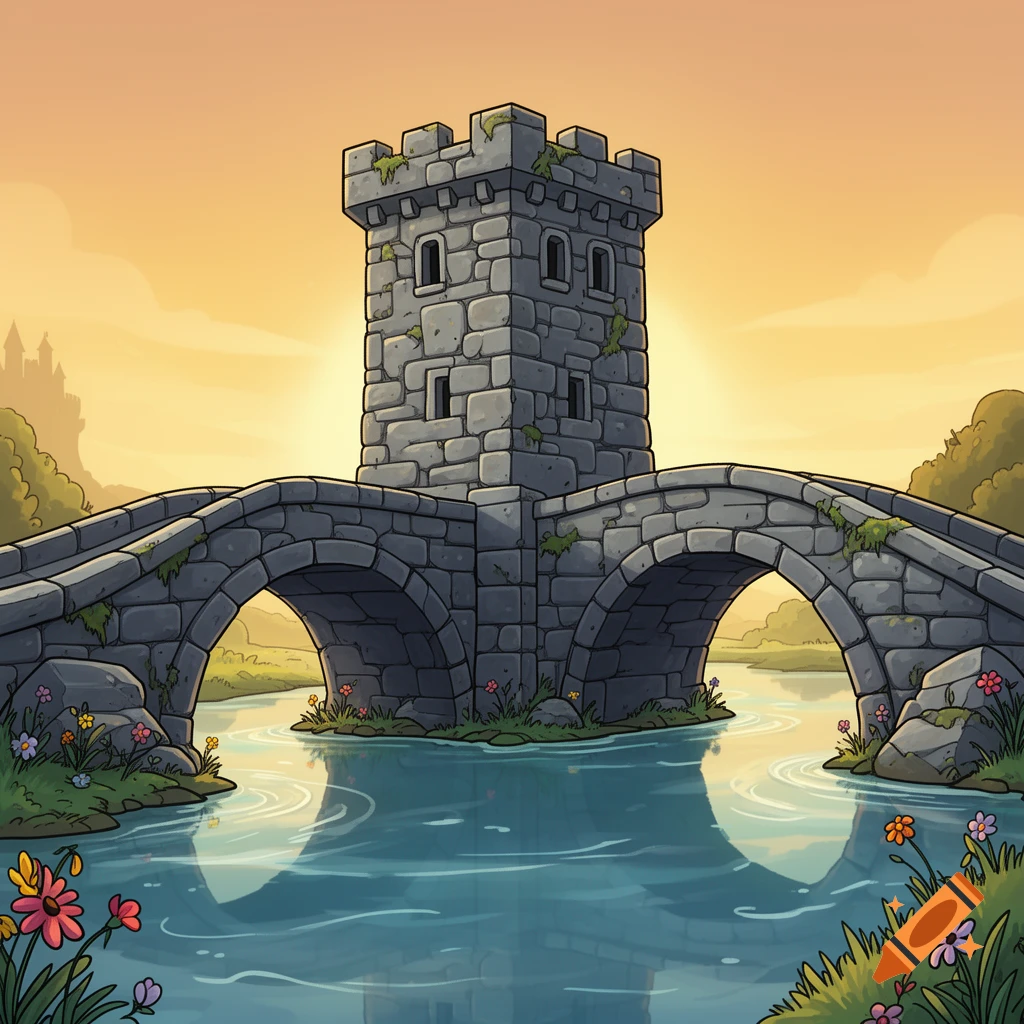 Cartoon stone medieval watchtower on a bridge over a river, with flowers, trees, and a sunset sky.