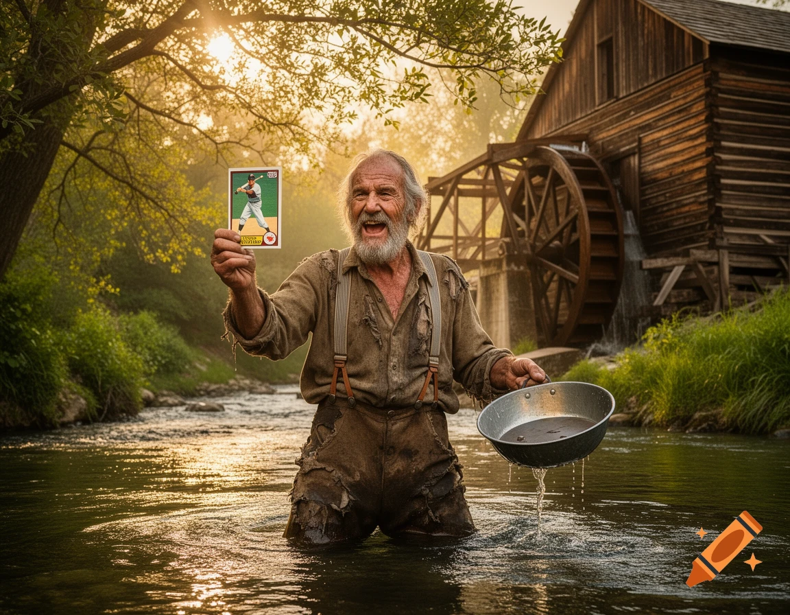 An old miner stands in a river holding a baseball card and a gold pan, with a water mill in the background at sunset.