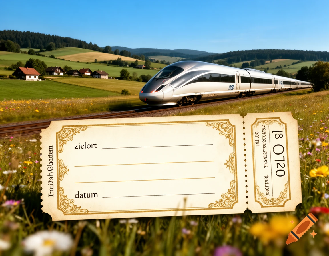 A modern ICE train speeds through a vibrant green, hilly landscape under a clear blue sky, with a decorative blank train ticket voucher floating in the foreground among wildflowers.