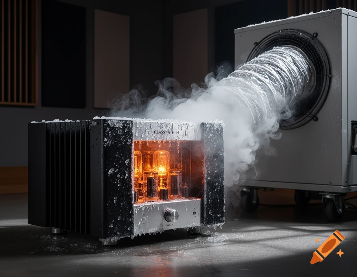 An ultra-realistic studio photo of a frosty Class A Hi-Fi amplifier with glowing tubes, engulfed in cold vapor from an industrial AC unit.