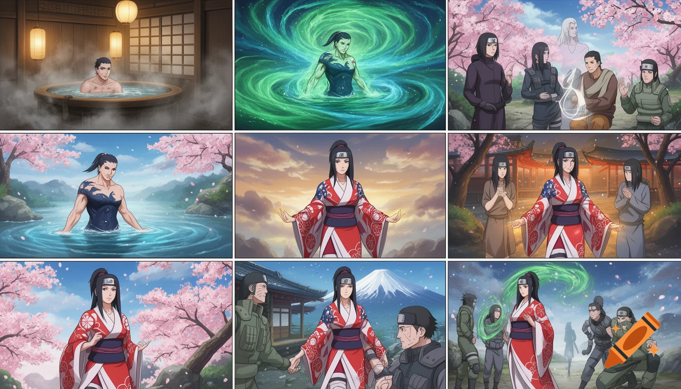 Anime 9-panel image story showing a man transforming into a powerful woman with green magic amidst Japanese cherry blossoms and villages.