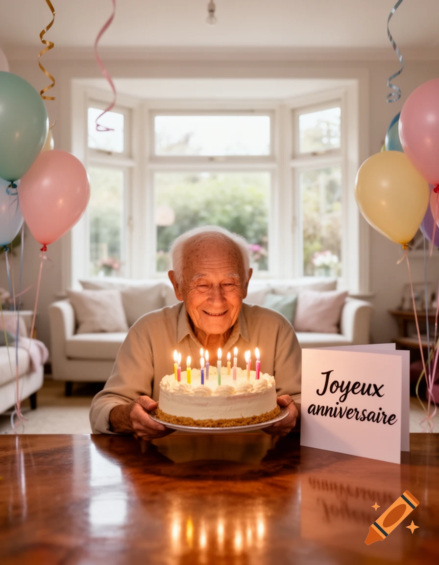Happy elderly man holding a birthday cake with lit candles and a 'Joyeux anniversaire' card in a balloon-decorated room.