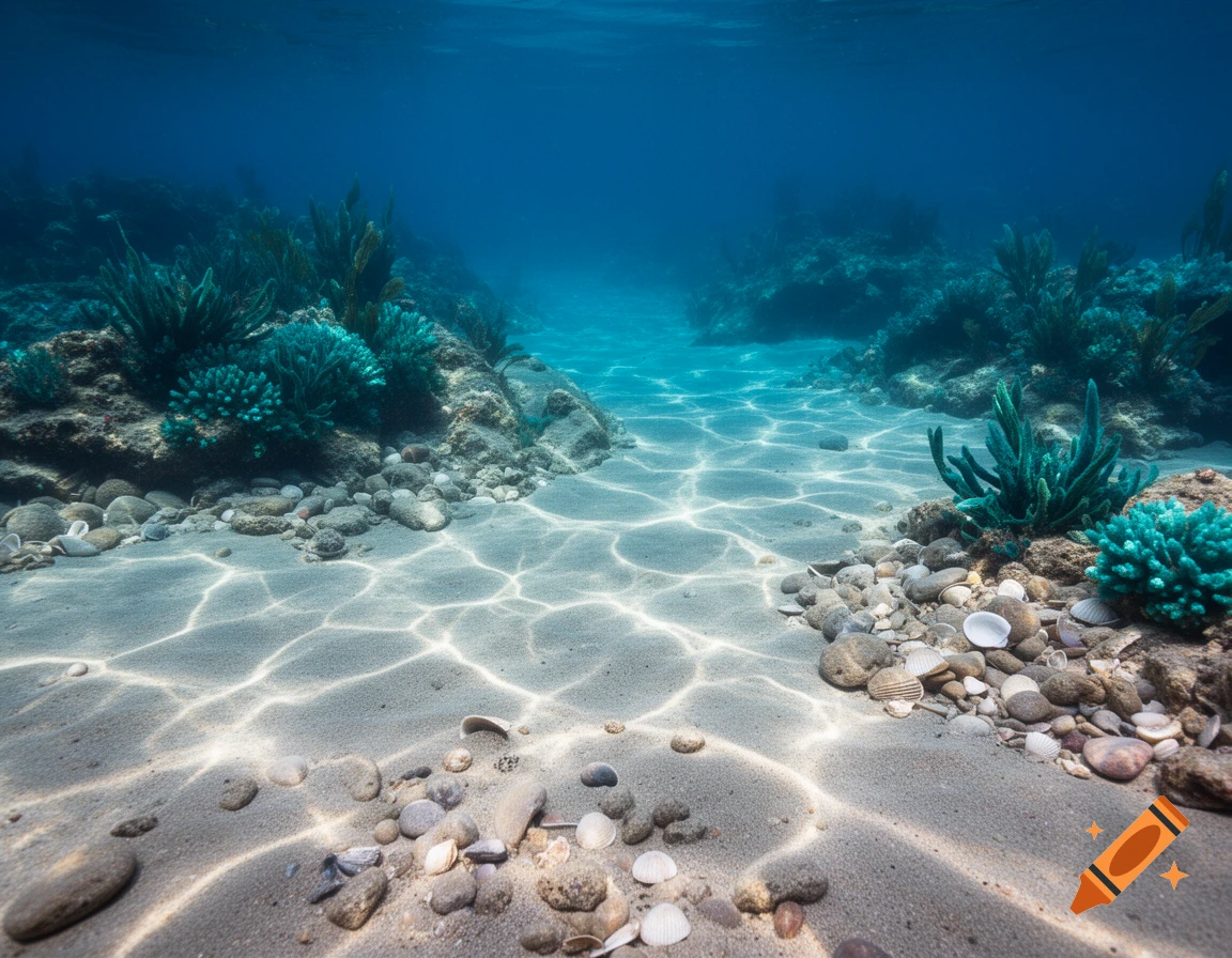 Photorealistic view of a clear sandy seabed with light rays, rocks, shells, and vibrant aquatic plants under deep blue water.