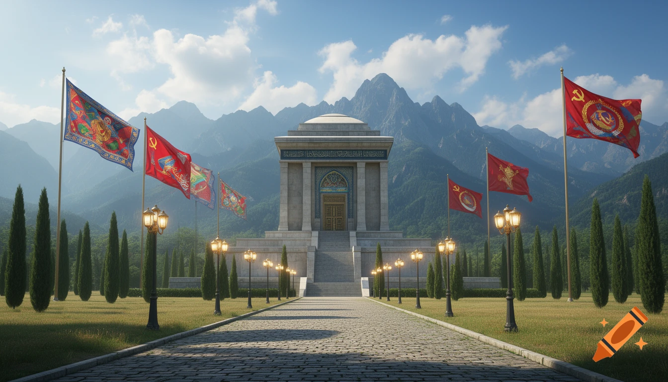 A grand, ornate mausoleum with communist and Zoroastrian architectural elements, flanked by cypress trees and flags. A stone path leads to the entrance, all set against a backdrop of majestic green mountains under a blue sky.