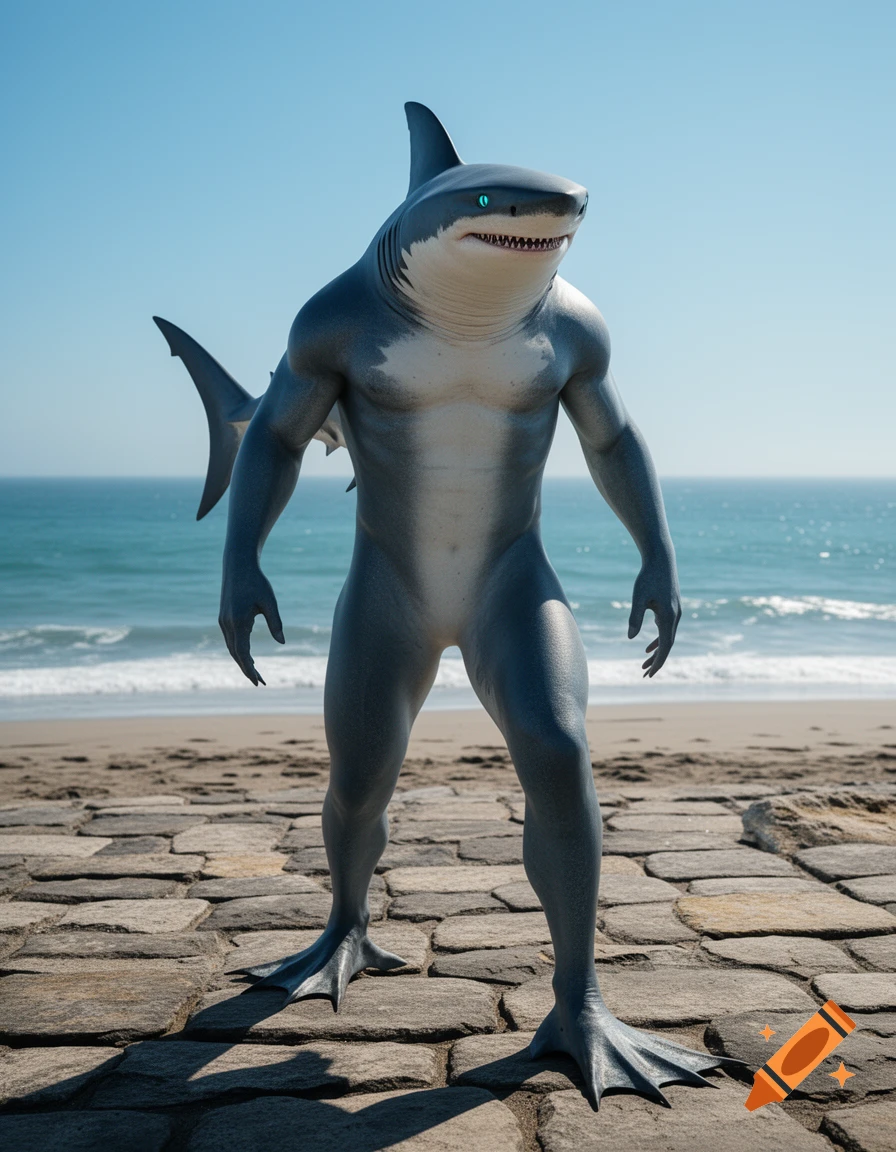 A muscular, photorealistic humanoid shark with webbed feet stands on a stone path at the beach with the ocean behind it.