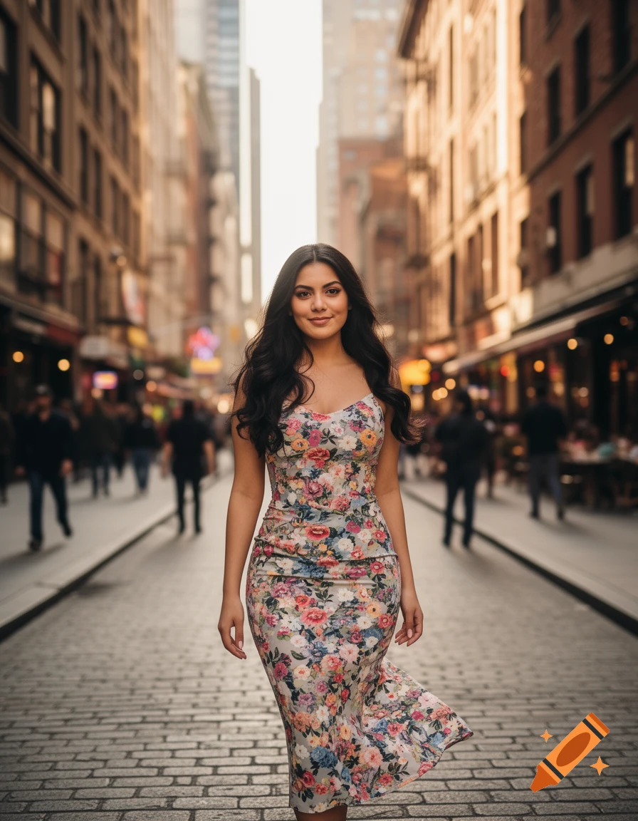 A smiling woman in a floral dress walks down a cobblestone city street on a sunny day.