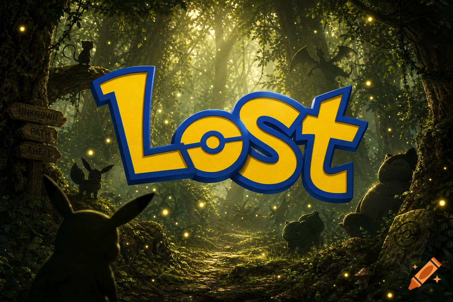 A glowing 'LOST' logo in an enchanted forest with silhouetted Pokemon like Pikachu and Eevee on a path, surrounded by fireflies.