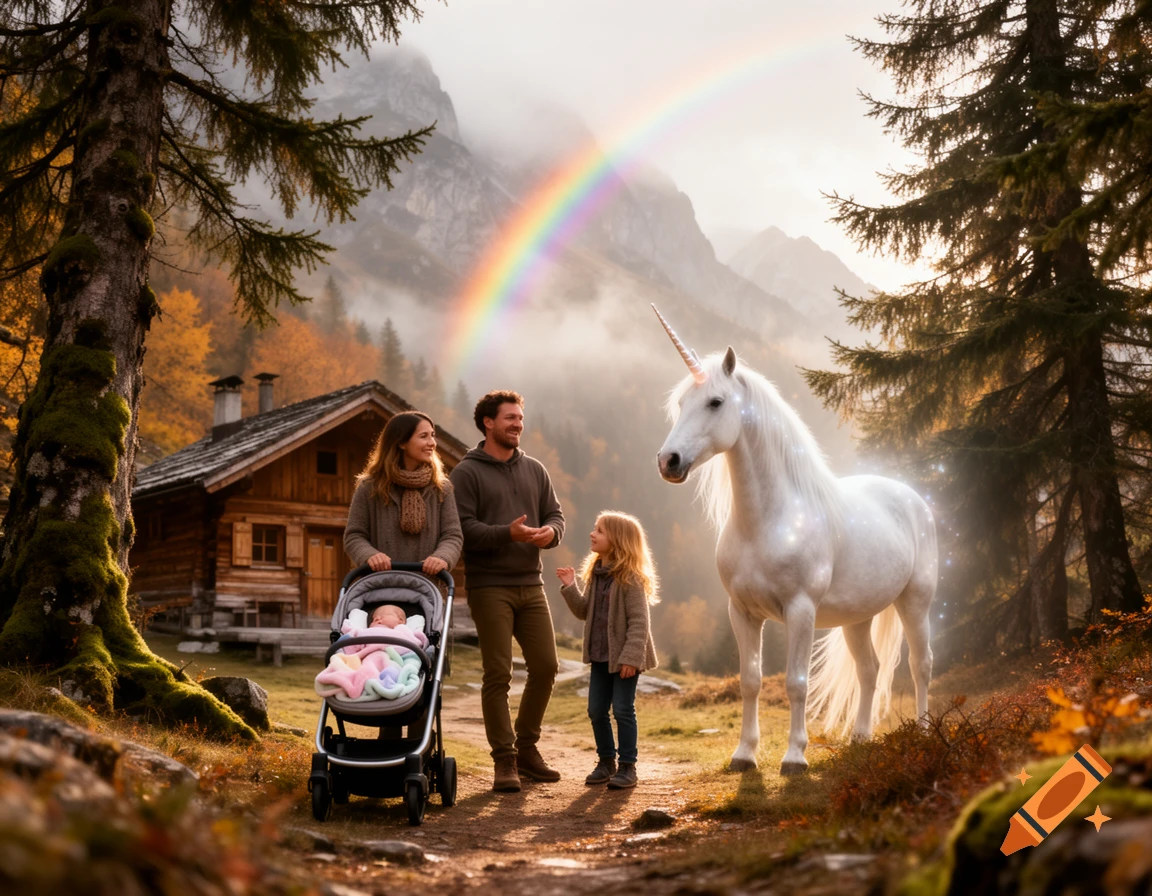 A family with a baby stroller and an older daughter walks in an autumn forest with a wooden cabin, a unicorn, and a rainbow.