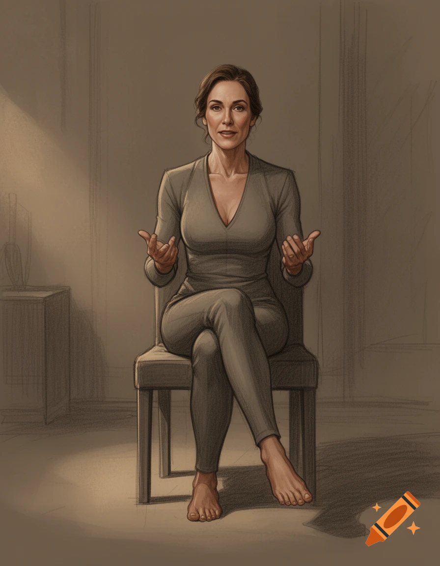 Digital drawing of a woman in a grey jumpsuit, sitting barefoot on a chair, facing forward with open hands.