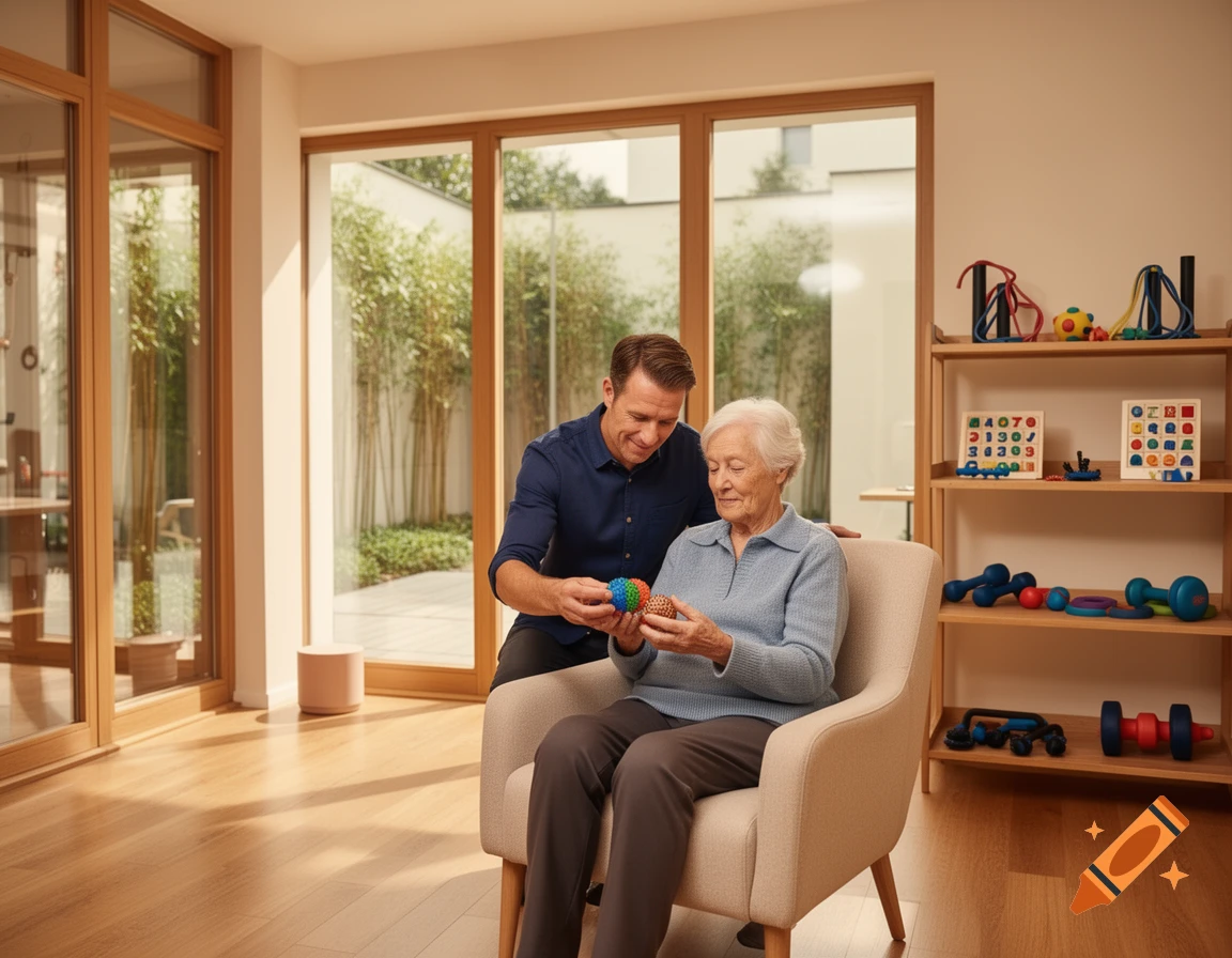 A man helps an elderly woman with occupational therapy, holding a colorful textured ball in a bright room with exercise equipment. Photorealistic.