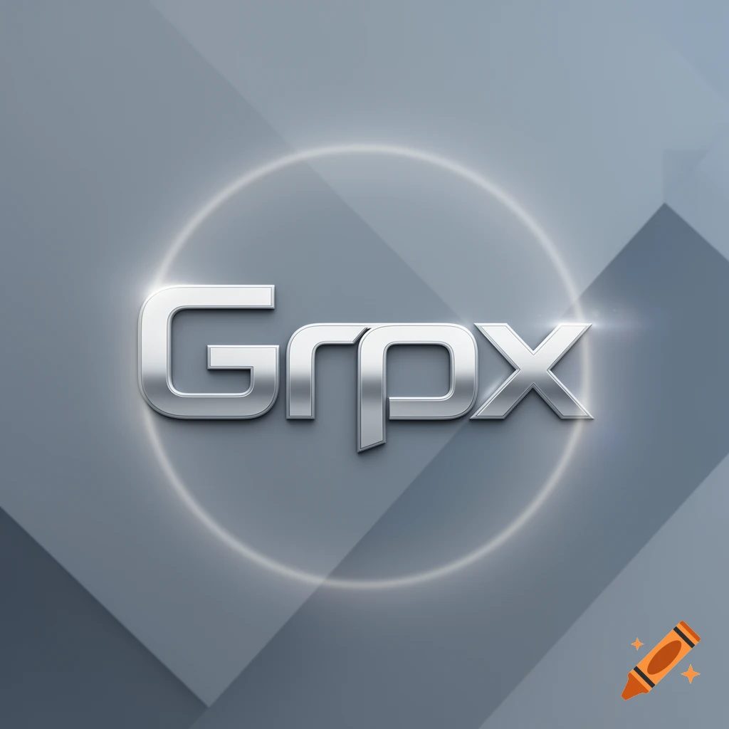 Metallic 3D logo of 'GrPX' on a grey, geometric background with a glowing circle.