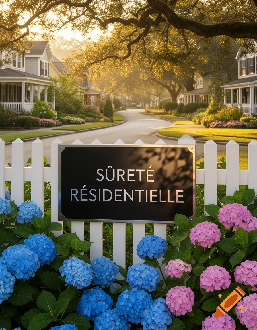 Photorealistic residential street scene with a 'Sûreté Résidentielle' sign on a white fence, surrounded by hydrangeas.
