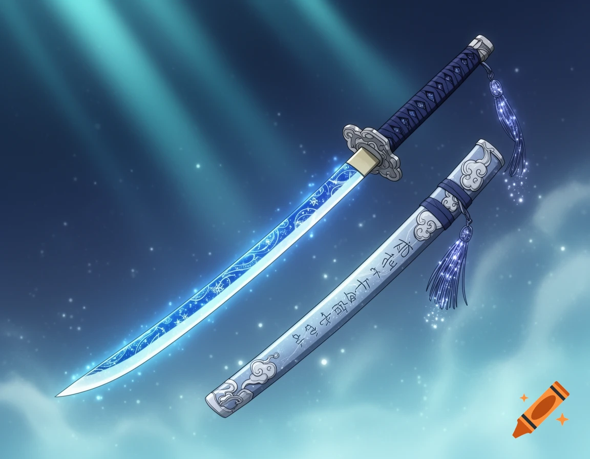 An anime-style glowing blue magic katana with a decorated sheath, set against a dark, starry background.