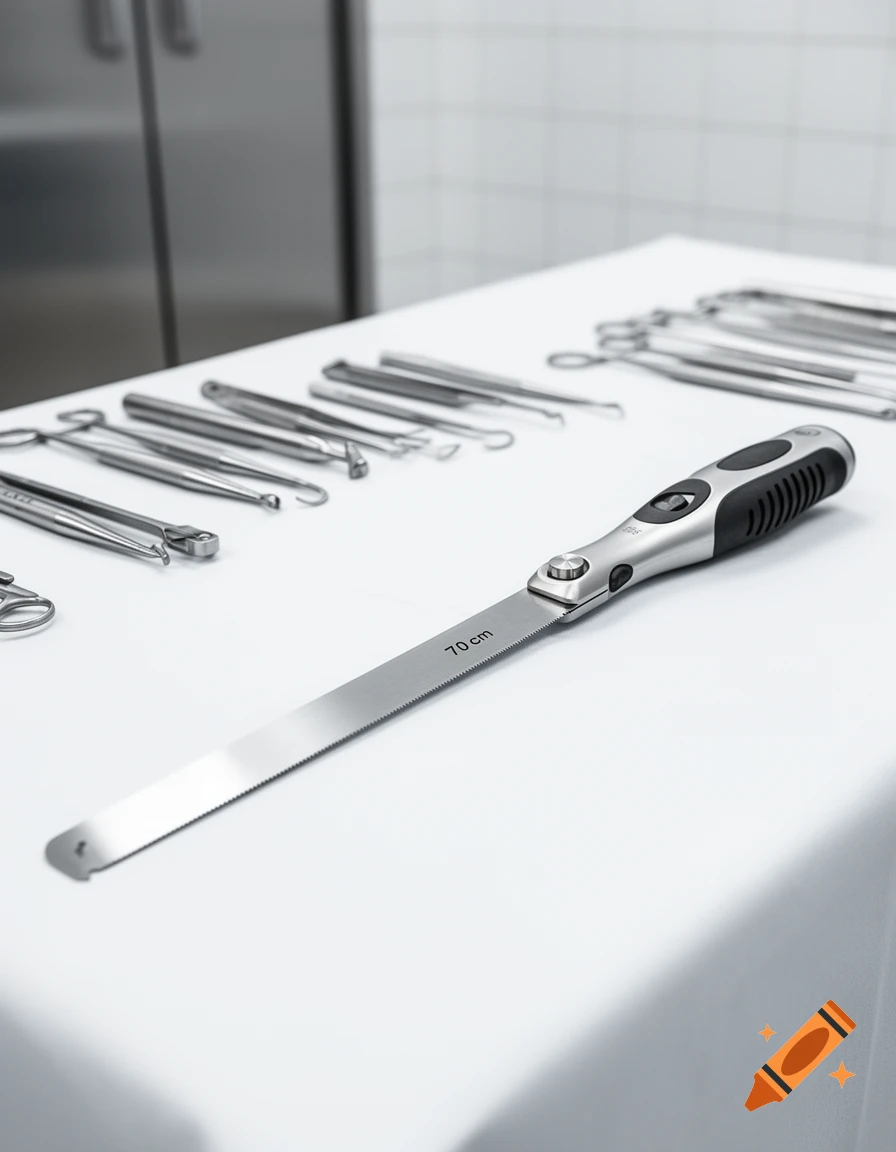 A photorealistic close-up of a 70 cm surgical bone saw and other sterile instruments on a white table.