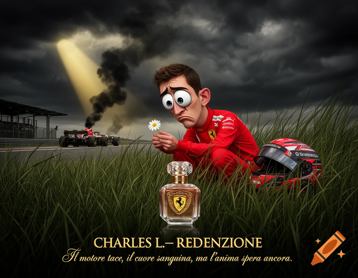 A satirical ad shows a sad, cartoonish racing driver in a red suit holding a daisy in tall grass, next to a perfume bottle and helmet. A burning race car is on the track behind him under a dramatic sky.