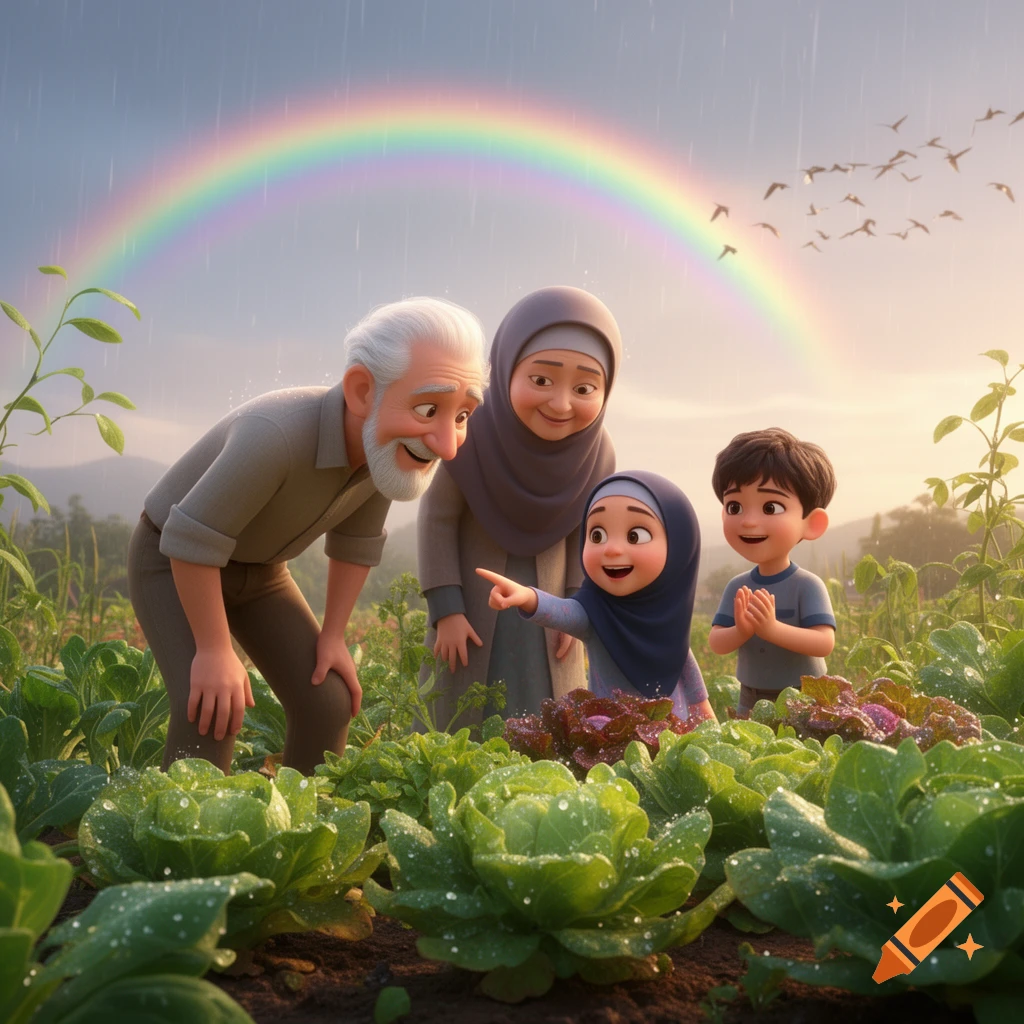 Animated Muslim family in a lush field with green vegetables and a rainbow.