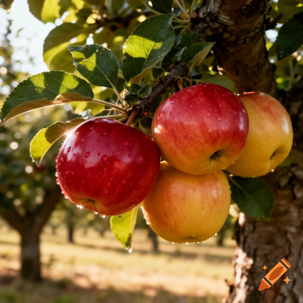 Close-up of ripe red and yellow apples with water droplets hanging from a tree branch, bathed in golden sunlight in an orchard.