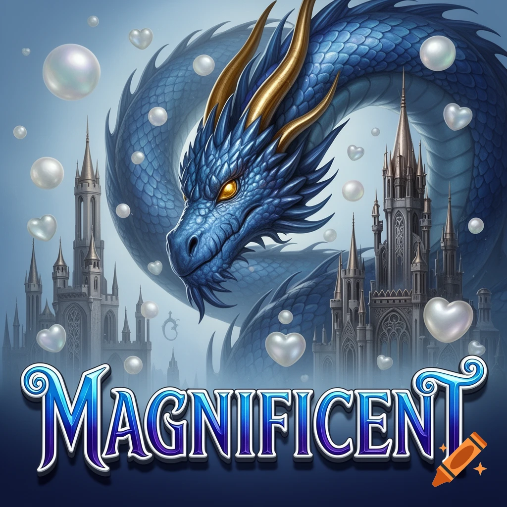 A majestic blue dragon with gold horns and glowing eyes coils above fantasy castles. Pearlescent orbs and hearts float around. The word "MAGNIFICENT" in ornate blue text is at the bottom.