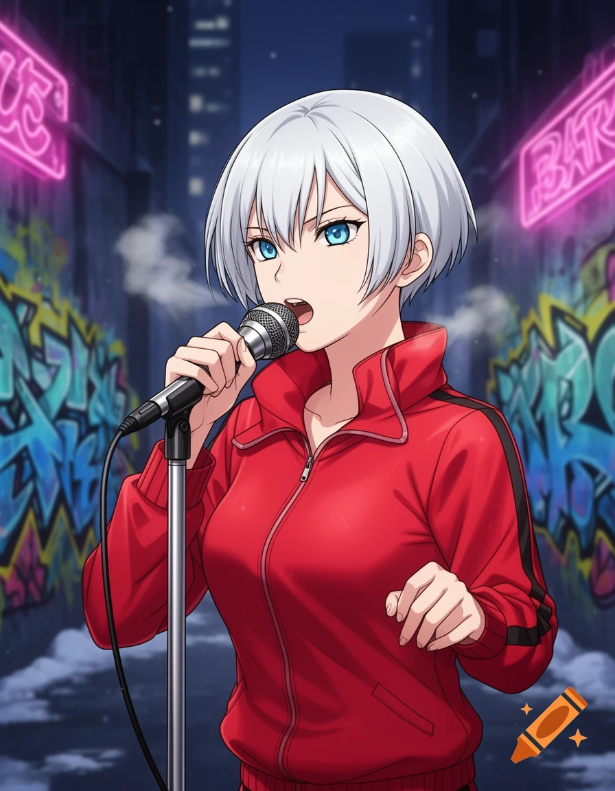 An anime woman with short white hair and blue eyes, wearing a red tracksuit, sings into a microphone in a graffiti-covered urban alley with neon signs.