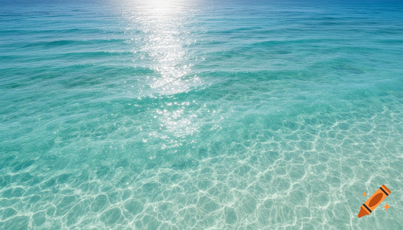 Photorealistic top-down view of clear turquoise tropical ocean water with sunlit ripples and caustics revealing the sandy bottom.