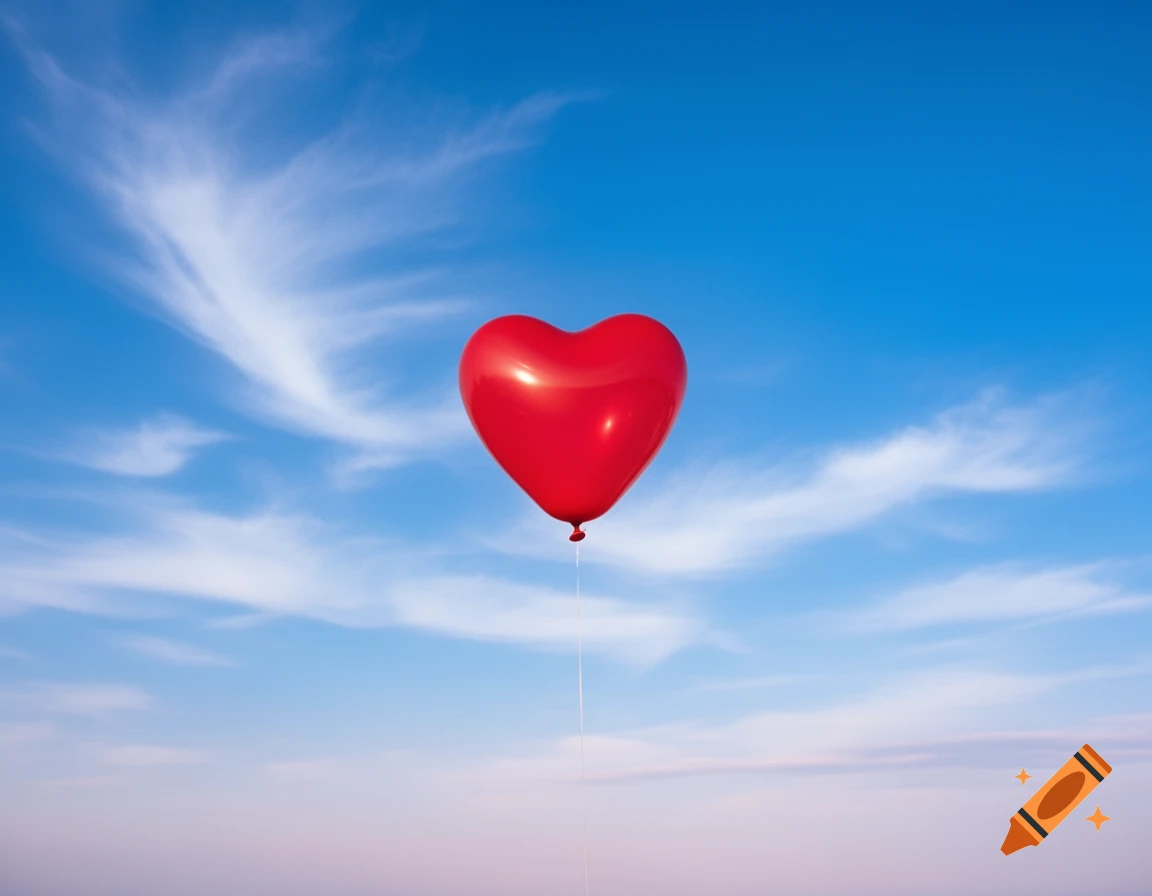 A red heart-shaped balloon floats in a bright blue sky with wispy white clouds.